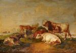 Thomas Sidney Cooper - Bilder Gemälde - A Bull and Cows in a Landscape