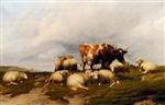 Thomas Sidney Cooper - Bilder Gemälde - A Cow And Sheep On The Cliffs