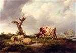Thomas Sidney Cooper - Bilder Gemälde - A Cow With Sheep In A Landscape