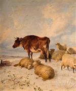 Thomas Sidney Cooper  - Bilder Gemälde - Cattle and Sheep in a Snowscape