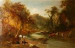 Thomas Sidney Cooper  - Bilder Gemälde - Cattle Crossing a Stream and a Man Fishing