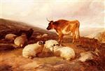 Thomas Sidney Cooper  - Bilder Gemälde - Rams And a Bull in a Highland Landscape