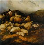 Thomas Sidney Cooper  - Bilder Gemälde - Snowdon - Peasants and sheep