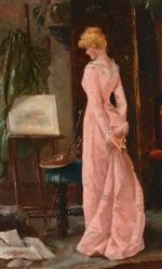 Victor Gabriel Gilbert - Bilder Gemälde - Elegant Lady in an Artist’s Studio Interior, Wearing a Pink Dress
