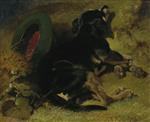 John Frederick Herring - Bilder Gemälde - A Dog Sleeping Near a Hat on a Grassy Bank