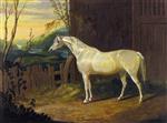 John Frederick Herring - Bilder Gemälde - A Gray Arab Mare outside a Stable in an Extensive River Landscape