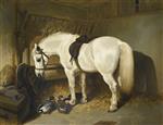 John Frederick Herring - Bilder Gemälde - A grey pony in a stable with ducks