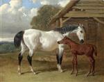 John Frederick Herring - Bilder Gemälde - A Mare and Foal before a Barn