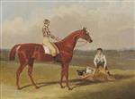 Bild:Barefoot, the Racehorse, with a Jockey Up and a Groom