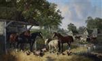 John Frederick Herring  - Bilder Gemälde - Horses, pigs and chickens in a farmyard
