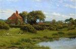 Arthur Hughes - Bilder Gemälde - A Cottage with a Pond, at Burghfield, near Reading