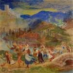 Arthur Hughes  - Bilder Gemälde - Villagers fleeing from a dragon