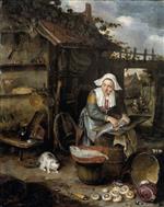 Adriaen van Ostade - Bilder Gemälde - A Housewife Cleaning Fish in a Courtyard