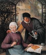 Adriaen van Ostade - Bilder Gemälde - An Elderly Couple in an Arbour