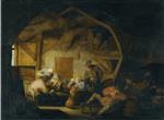 Adriaen van Ostade  - Bilder Gemälde - The Interior of a Barn with Peasants Playing Cards around a Stool