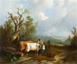 William Joseph Shayer  - Bilder Gemälde - Landscape with Cattle and Figure of a Woman