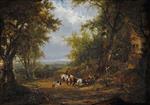 William Joseph Shayer  - Bilder Gemälde - Wooded Landscape with Figures and a Horse and Cart, near a Cottage