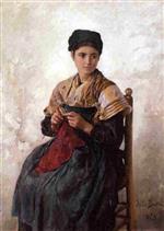 Jules Breton  - Bilder Gemälde - Young Woman Knitting