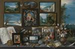 Bild:The cabinet of a collector with paintings, shells, coins, fossils and flowers