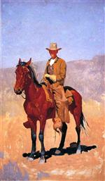 Frederic Remington  - Bilder Gemälde - Mounted Cowboy in Chaps with Race Horse