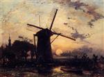 Johan Barthold Jongkind - Bilder Gemälde - Boatman by a Windmill at Sundown