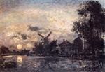 Johan Barthold Jongkind - Bilder Gemälde - Canal in Holland in the Moonlight