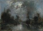 Johan Barthold Jongkind - Bilder Gemälde - Harbor by Moonlight