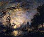 Johan Barthold Jongkind  - Bilder Gemälde - Moonlight over a Canal, Dordrecht