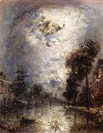 Johan Barthold Jongkind  - Bilder Gemälde - The Interior of the Port at Rotterdam, Effect of Moonlight
