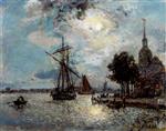 Johan Barthold Jongkind  - Bilder Gemälde - The Port of Dordrecht in the Moonlight