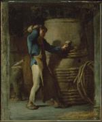 Bild:Cooper Tightening Staves on a Barrel