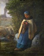 Jean Francois Millet  - Bilder Gemälde - The Shepherdess Seated on a Rock