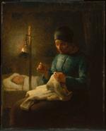 Bild:Woman Sewing Beside her Sleeping Child