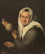 Bild:An Old Woman Holding a Distaff and Spindle