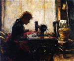 Lesser Ury - Bilder Gemälde - At the Sewing Machine