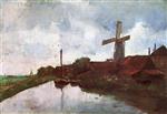 Lesser Ury - Bilder Gemälde - Dutch Canal with Windmill