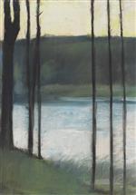 Lesser Ury  - Bilder Gemälde - Evening mood on a lake in Grunewald