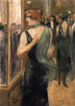 Lesser Ury  - Bilder Gemälde - Lady in a Black Evening Dress with a Green Scarf