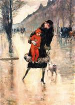 Lesser Ury  - Bilder Gemälde - Mother and Child in a Street Crossing