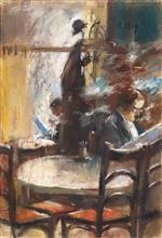 Lesser Ury  - Bilder Gemälde - Two Gentlemen Reading the Newspaper in a Café