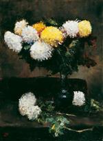 Lesser Ury  - Bilder Gemälde - White and Yellow Chrysanthemums in a Blue Vase