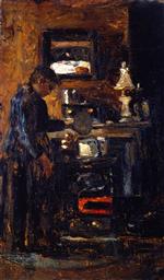 Lesser Ury  - Bilder Gemälde - Woman at the Kitchen Stove