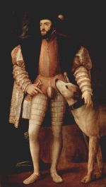Tizian  - Bilder Gemälde - Portrait Kaiser Karl V mit Hund