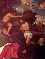Tizian  - Bilder Gemälde - Taufe Christi mit dem Auftraggeber Giovanni Ram