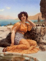 John William Godward  - Peintures - Avec couronne de violettes et robe couleur safran