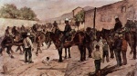 Bild:Artilleriecorps zu Pferd auf einer Dorfsstraße