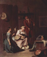 Pietro Longhi - Bilder Gemälde - Der Jäger und die Bäuerinnen