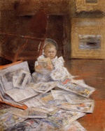 William Merritt Chase - Peintures - Enfant avec des journaux