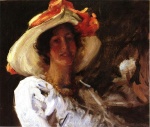 William Merritt Chase  - Peintures - Portrait de Clara Stephens portant un chapeau au ruban orange