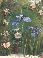 John La Farge - Peintures - Roses et iris sauvages
